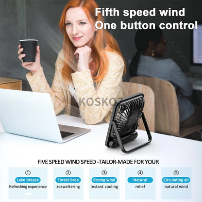 Portable USB Rechargeable Desk Fan with 180° Tilt, Folding Design, Power Display, and 5 Speed Settings for Ultra Quiet Operation