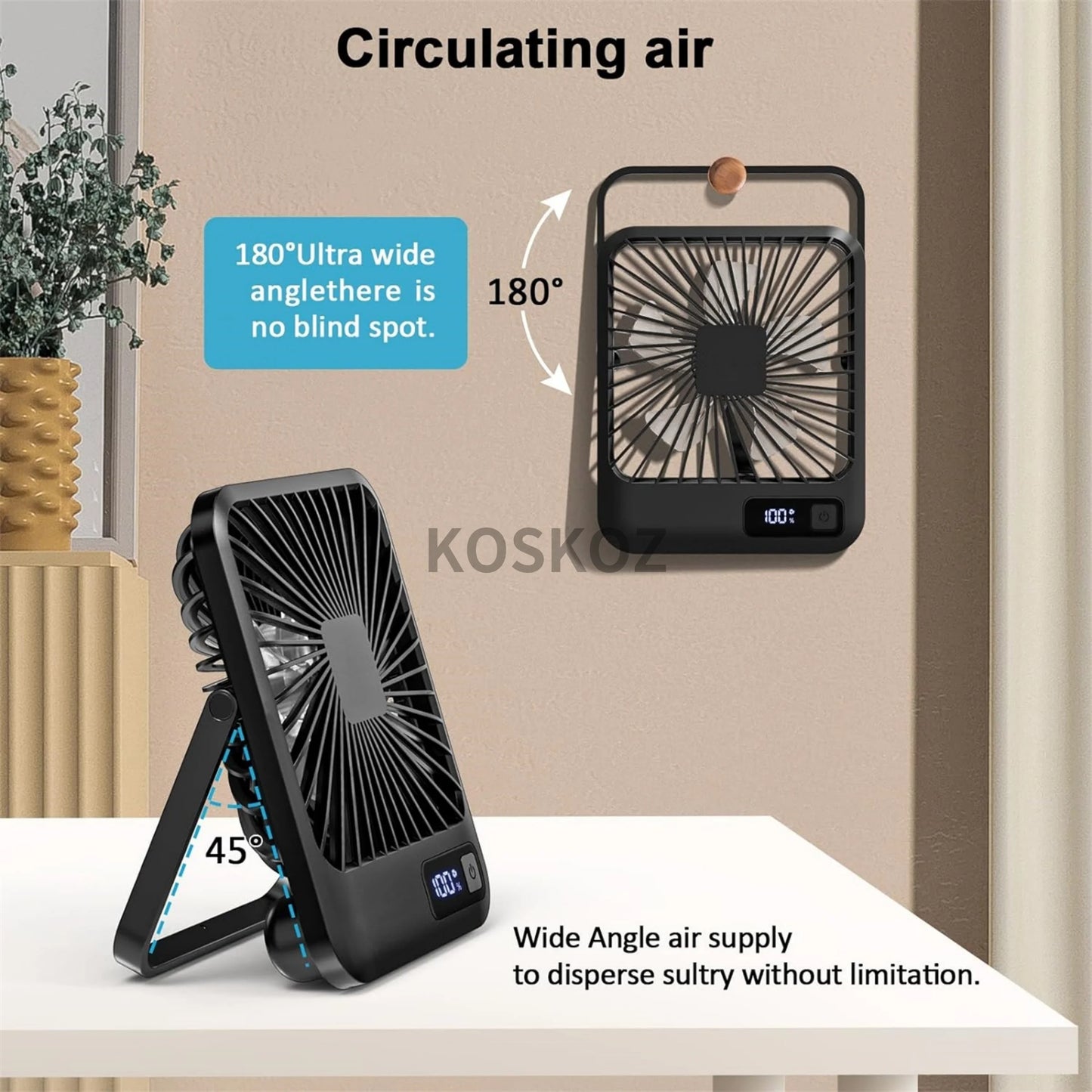 Portable USB Rechargeable Desk Fan with 180° Tilt, Folding Design, Power Display, and 5 Speed Settings for Ultra Quiet Operation