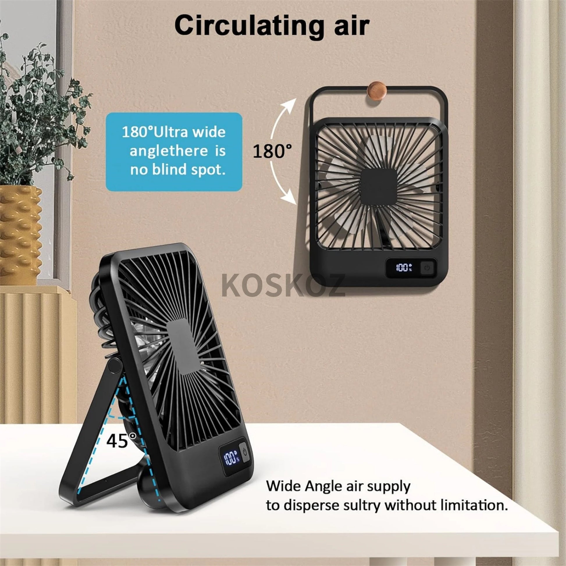 Portable USB Rechargeable Desk Fan with 180° Tilt, Folding Design, Power Display, and 5 Speed Settings for Ultra Quiet Operation