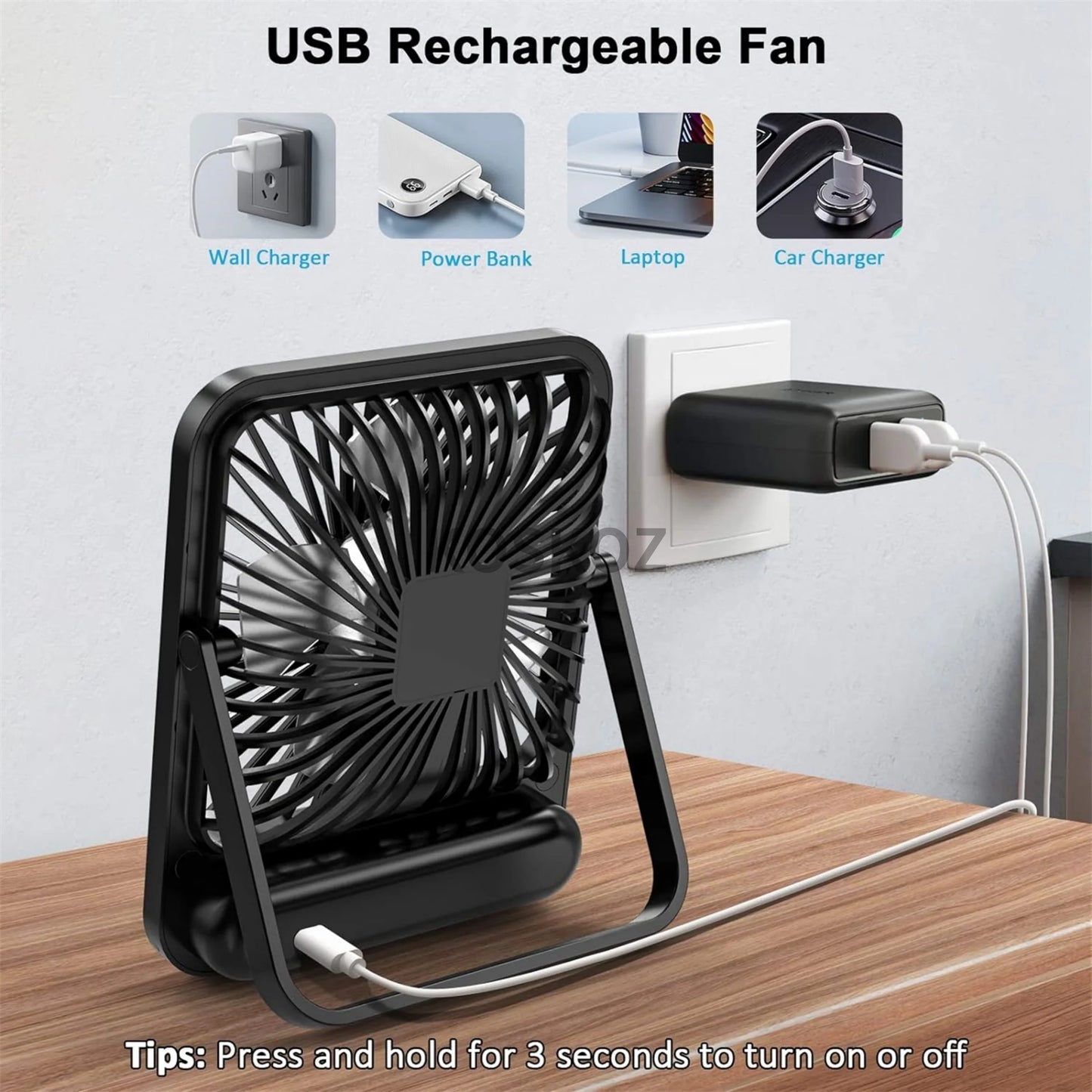 Portable USB Rechargeable Desk Fan with 180° Tilt, Folding Design, Power Display, and 5 Speed Settings for Ultra Quiet Operation